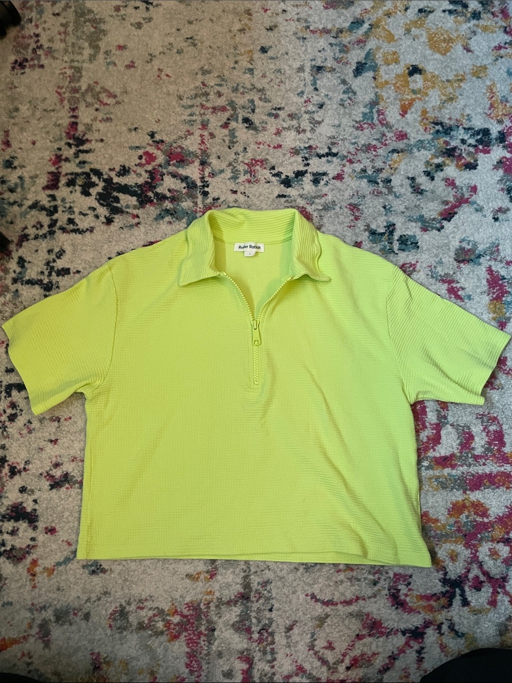 Roller Rabbit Lime Green Quarter-Zip Crop Top Polo Shirt Waffle Knit